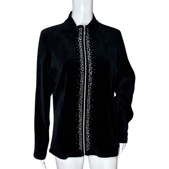 Chicos Jacket Womens‎ Medium Black Rhinestones Velour Zip Up Zenergy Neutral - Picture 1 of 7